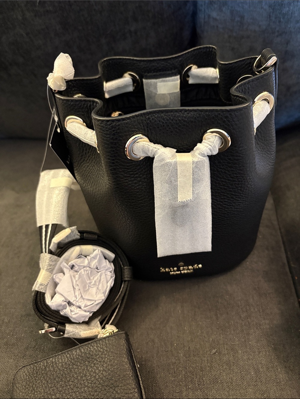 kate spade Black Leather Drawstring Bucket Bag